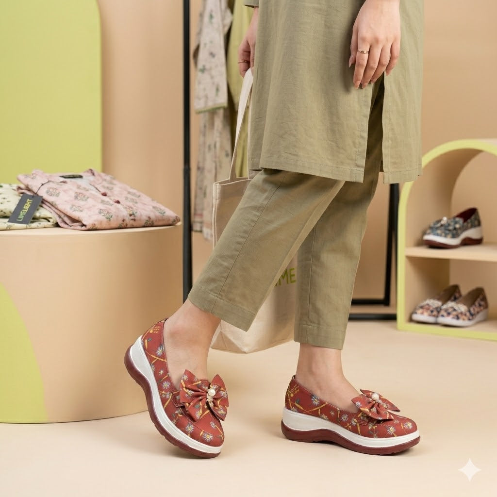 Floral Red Sneakers for Women - Casual Slip-On Shoes with Bow & Pearl Detail