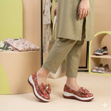 Floral Red Sneakers for Women - Casual Slip-On Shoes with Bow & Pearl Detail