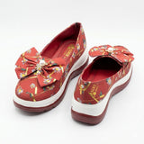 Floral Red Sneakers for Women - Casual Slip-On Shoes with Bow & Pearl Detail