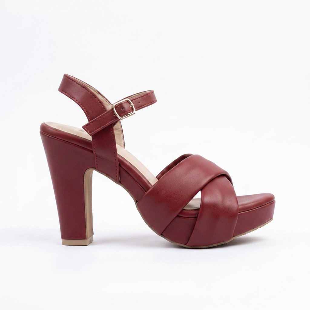 Maroon high-heeled sandal on a white background