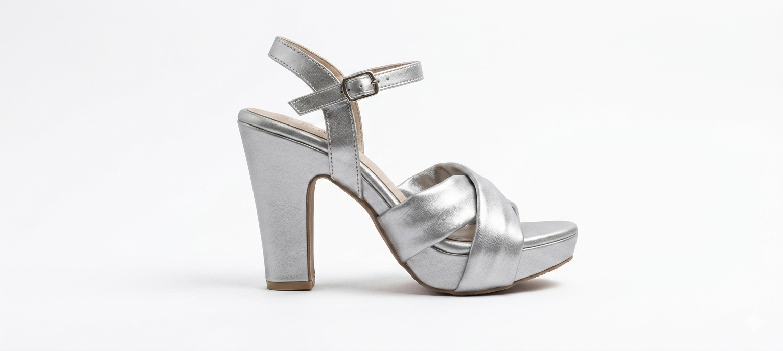 Silver high-heeled shoe on a white background