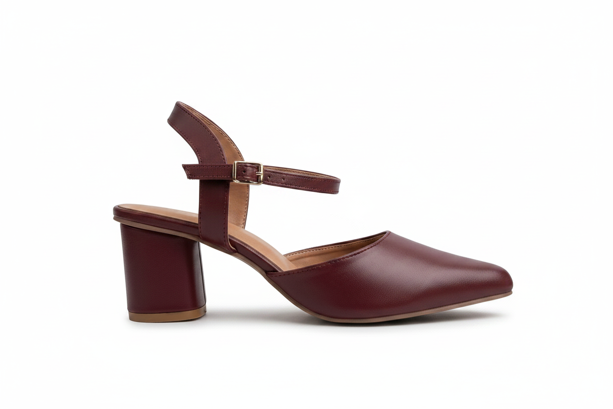 Brown leather shoe with a block heel on a white background