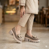 High Heeled Slip-On Shoes for Women - Chunky Platform Loafers with Heart-Shaped Bow Detail
