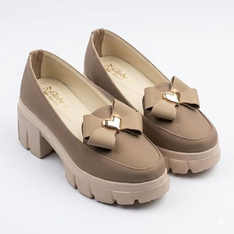 High Heeled Slip-On Shoes for Women - Chunky Platform Loafers with Heart-Shaped Bow Detail