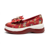 Floral Red Sneakers for Women - Casual Slip-On Shoes with Bow & Pearl Detail